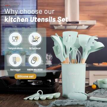 QMVESS Silicone Kitchen Utensils Set, 35 Pcs Non-Stick Cooking Utensils Set, Sturdy Insulation Woode...