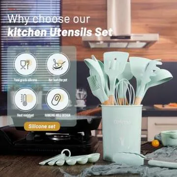 QMVESS Silicone Kitchen Utensils Set, 35 Pcs Non-Stick Cooking Utensils Set, Sturdy Insulation Woode...