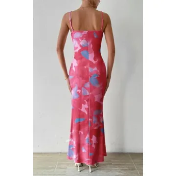 PRETTYGARDEN Adjustable Straps Sleeveless Summer Dresses for Women 2024 Floral Mesh Bodycon Sexy Dress Backless Maxi Dress (Rose Red,Small)