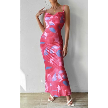 PRETTYGARDEN Adjustable Straps Sleeveless Summer Dresses for Women 2024 Floral Mesh Bodycon Sexy Dress Backless Maxi Dress (Rose Red,Small)