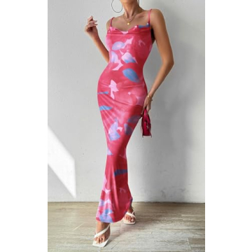 PRETTYGARDEN Adjustable Straps Sleeveless Summer Dresses for Women 2024 Floral Mesh Bodycon Sexy Dress Backless Maxi Dress (Rose Red,Small)