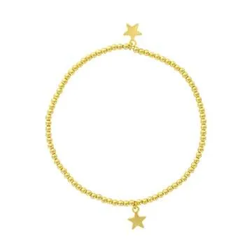 And Lovely 14K Gold or Silver Plated Bead Stretch Bracelet with 14K Gold Plated Star Charm - Stackable Stretch Bracelet - Set of 3 (Gold)