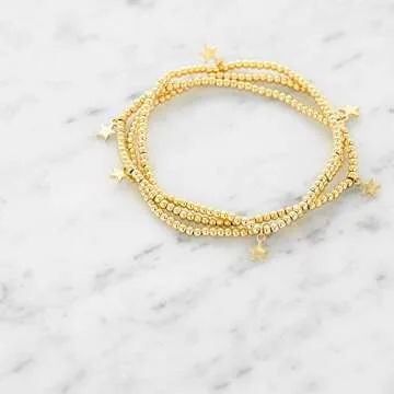 And Lovely 14K Gold or Silver Plated Bead Stretch Bracelet with 14K Gold Plated Star Charm - Stackable Stretch Bracelet - Set of 3 (Gold)