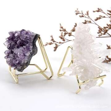 Nwsrayu Rock Display Stand Gold Metal Easel Stands Crystals Holder for Display Collectibles Crystals, Rocks, Geodes, Heart Stones, Mineral Agate Fossil , Cards, Coins,Plates (6 pcs S)