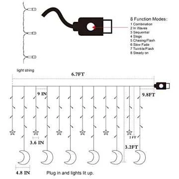 FUNPENY Star Moon Curtain String Lights, 138 LED Window Lights with Remote Control, Warm White Fairy Lights with 8 Modes for Indoor, Wedding, Party, Bedroom, Patio Lawn, Ramadan Decorations