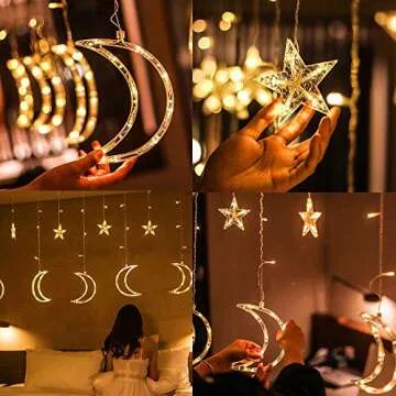 FUNPENY Star Moon Curtain String Lights, 138 LED Window Lights with Remote Control, Warm White Fairy Lights with 8 Modes for Indoor, Wedding, Party, Bedroom, Patio Lawn, Ramadan Decorations