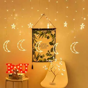 FUNPENY Star Moon Curtain String Lights, 138 LED Window Lights with Remote Control, Warm White Fairy Lights with 8 Modes for Indoor, Wedding, Party, Bedroom, Patio Lawn, Ramadan Decorations