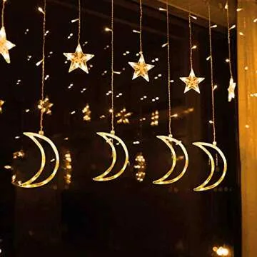 FUNPENY Star Moon Curtain String Lights, 138 LED Window Lights with Remote Control, Warm White Fairy Lights with 8 Modes for Indoor, Wedding, Party, Bedroom, Patio Lawn, Ramadan Decorations
