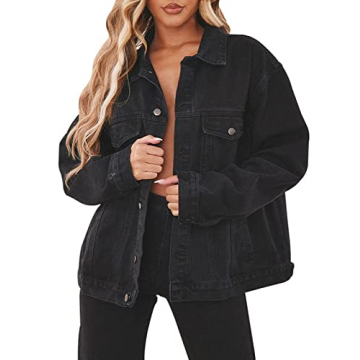 Stylish Black Denim Jacket for Women - Oversized Casual Trucker Style