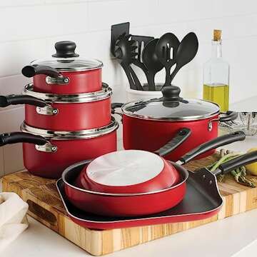Tramontina 18 Piece Nonstick Cookware Set - Red - Aluminum Construction, Dishwasher Safe, Compatible...