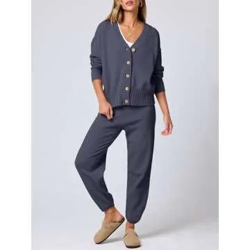 ANRABESS Women 2 Piece Outfits Waffle Knit Long Sleeve Cardigan Set Casual Sweater Pants Lounge Sets...