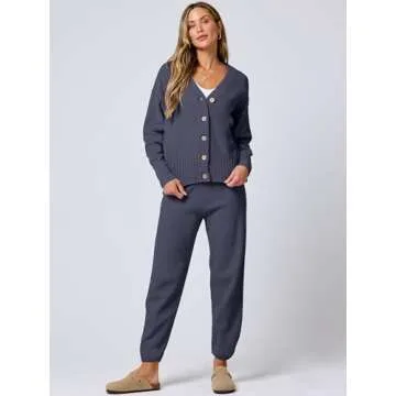 ANRABESS Women 2 Piece Outfits Waffle Knit Long Sleeve Cardigan Set Casual Sweater Pants Lounge Sets 2024 Fall Clothes Navy Blue X-Large