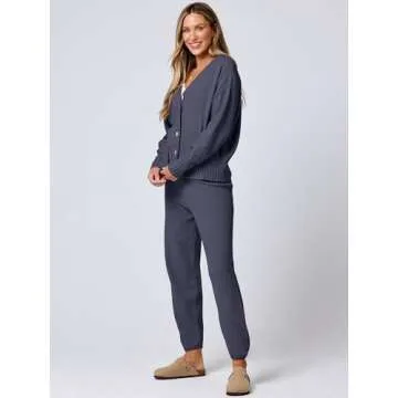 ANRABESS Women 2 Piece Outfits Waffle Knit Long Sleeve Cardigan Set Casual Sweater Pants Lounge Sets 2024 Fall Clothes Navy Blue X-Large