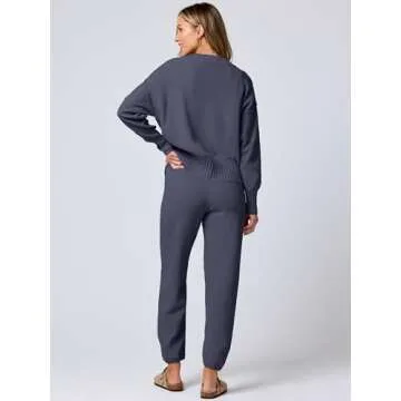 ANRABESS Women 2 Piece Outfits Waffle Knit Long Sleeve Cardigan Set Casual Sweater Pants Lounge Sets 2024 Fall Clothes Navy Blue X-Large