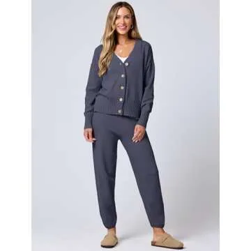 ANRABESS Women 2 Piece Outfits Waffle Knit Long Sleeve Cardigan Set Casual Sweater Pants Lounge Sets 2024 Fall Clothes Navy Blue X-Large