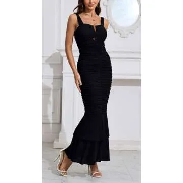 CHARTOU Women's Sleeveless Strappy Prom Party Evening Ruched Bodycon Mermaid Fishtail Maxi Dress (Medium, Black)