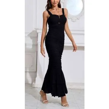 CHARTOU Women's Sleeveless Strappy Prom Party Evening Ruched Bodycon Mermaid Fishtail Maxi Dress (Medium, Black)