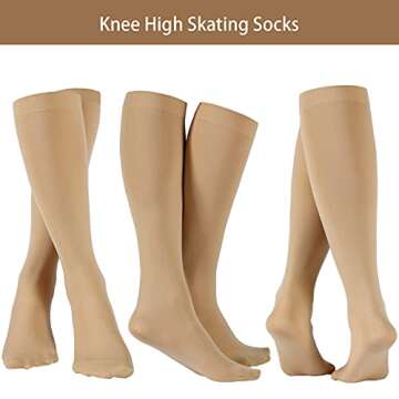 SATINIOR 3 Pairs Ice Skating Socks Roller Skating Socks High Tight Knee Nylon Roller Skate Sock Women Girl(Nude Color)