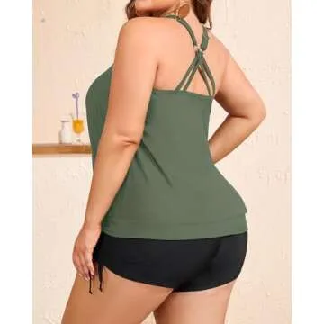Aqua Eve Plus Size Tankini with Shorts Two Piece Swimsuits for Women Blouson Tummy Control Bathing Suits Army Green 14W