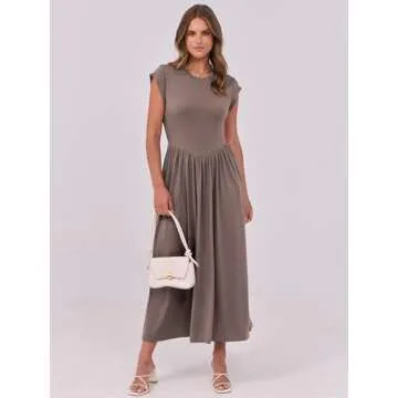 ANRABESS Women Cap Sleeve Maxi Dress Summer Dressy Casual Elegant Fit Flare High Waist Flowy Aline Long Beach Sundress Light Brown Large
