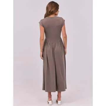 ANRABESS Women Cap Sleeve Maxi Dress Summer Dressy Casual Elegant Fit Flare High Waist Flowy Aline Long Beach Sundress Light Brown Large