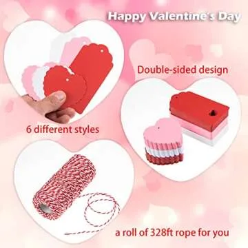 360 Pcs Valentines Day Gift Tags Heart Kraft Paper Tags Valentine's Day Theme Hanging Name Tags Labels with String for Valentine's Day Wedding Birthday Party Wrapping DIY Supplies(Red, White, Pink)