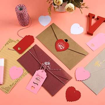360 Pcs Valentines Day Gift Tags Heart Kraft Paper Tags Valentine's Day Theme Hanging Name Tags Labels with String for Valentine's Day Wedding Birthday Party Wrapping DIY Supplies(Red, White, Pink)