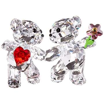 SWAROVSKI Kris Bears Happy Together Figurine Set, Clear Swarovski Crystal with a Red Heart and Pink Flower Accent, Part of the Swarovski Kris Bears Collection