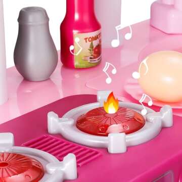 TEMI Play Kitchen Playset Pretend Food - 53 Pieces Pink Kitchen Toys for Toddlers, Toy Accessories Toddler Set with Sound and Light, Toddler Outdoor Playset for Kids, Girls and Boys