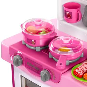 TEMI Play Kitchen Playset Pretend Food - 53 Pieces Pink Kitchen Toys for Toddlers, Toy Accessories Toddler Set with Sound and Light, Toddler Outdoor Playset for Kids, Girls and Boys