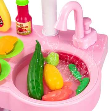 TEMI Play Kitchen Playset Pretend Food - 53 Pieces Pink Kitchen Toys for Toddlers, Toy Accessories Toddler Set with Sound and Light, Toddler Outdoor Playset for Kids, Girls and Boys