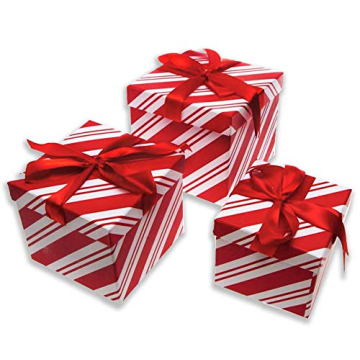 Christmas Nesting Gift Boxes Red and White Candy Cane Stripe Box with Ribbon For Gift Wrapping & Hol...