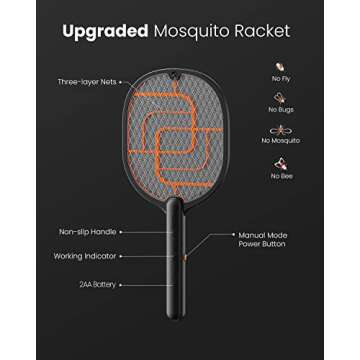 GAIATOP Electric Fly Swatter, 3000V Battery Powered Handheld Mosquito Killer, 3-Layer Protection Grid Bug Zapper Racket for Home Bedroom Kitchen Office Backyard Patio Indoor Outdoor