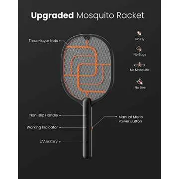 GAIATOP Electric Fly Swatter, 3000V Battery Powered Handheld Mosquito Killer, 3-Layer Protection Grid Bug Zapper Racket for Home Bedroom Kitchen Office Backyard Patio Indoor Outdoor