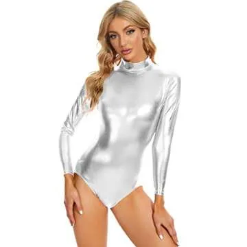 speerise Womens Shiny Metallic Long Sleeve Dance Gymnastics Leotard Bodysuit, Silver, L