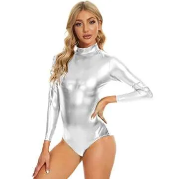 speerise Womens Shiny Metallic Long Sleeve Dance Gymnastics Leotard Bodysuit, Silver, L