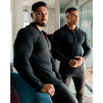 COOFANDY Men's Slim Fit Lightweight Sweater Polo Shirt Ribbed Knit Muscle Fit Polo Black