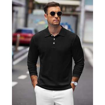COOFANDY Men's Slim Fit Lightweight Sweater Polo Shirt Ribbed Knit Muscle Fit Polo Black