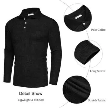 COOFANDY Men's Slim Fit Lightweight Sweater Polo Shirt Ribbed Knit Muscle Fit Polo Black