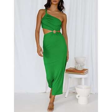 ANRABESS Women Summer One Shoulder Sleeveless Maxi Dress Cutout Sexy Bodycon Semi Formal Dinner Date Vacation Dresses Grass Medium