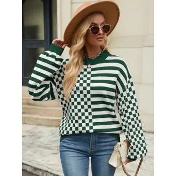 HEHULL Women's Color Block Crew Neck Sweaters Lantern Long Sleeve Chunky Casual Knit Pullover Sweate...