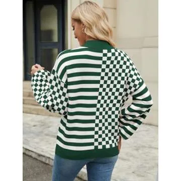 HEHULL Women's Color Block Crew Neck Sweaters Lantern Long Sleeve Chunky Casual Knit Pullover Sweater 2024 Trendy Winter Jumper Tops Green S