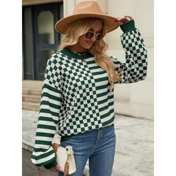 HEHULL Women's Color Block Crew Neck Sweaters Lantern Long Sleeve Chunky Casual Knit Pullover Sweater 2024 Trendy Winter Jumper Tops Green S