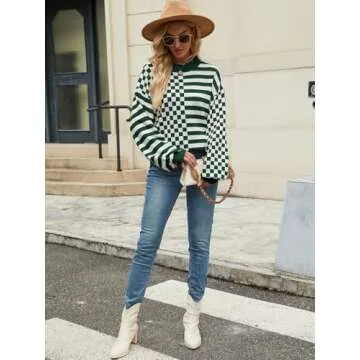 HEHULL Women's Color Block Crew Neck Sweaters Lantern Long Sleeve Chunky Casual Knit Pullover Sweater 2024 Trendy Winter Jumper Tops Green S