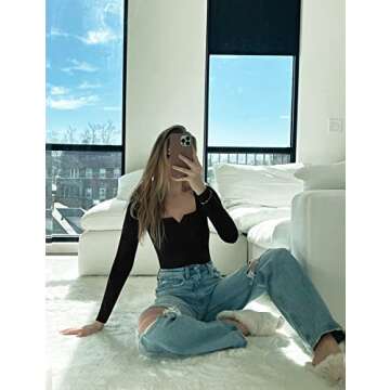 Chunpin Women's Square Neck Notch V Neck Long Sleeve Bodysuit Tops Double Lined Thong Bodysuit Black Large