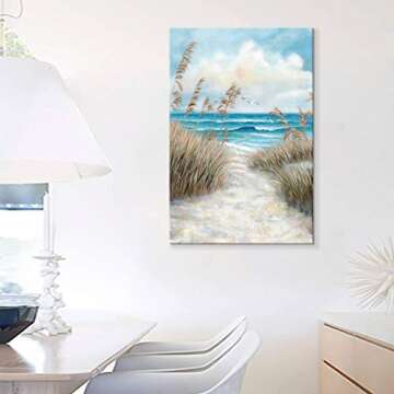 Abstract Beach Picture Wall Art: Sandy Path to Ocean with Sea Grass Artwork Painting for Bedroom (45'' x 30'' x 1 Panel)