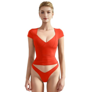 SUUKSESS Women Sexy Deep V Neck Short Sleeve T Shirts Y2K Trendy Going Out Tops Corset Top (Red,S)