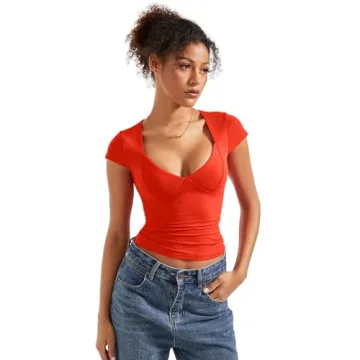 SUUKSESS Women Sexy Deep V Neck Short Sleeve Top