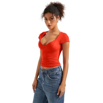 SUUKSESS Women Sexy Deep V Neck Short Sleeve Top