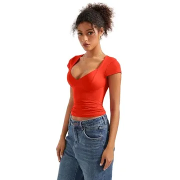 SUUKSESS Women Sexy Deep V Neck Short Sleeve Top